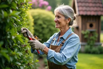 Femme d'âge moyen taillant un buisson de laurier dans un jardin