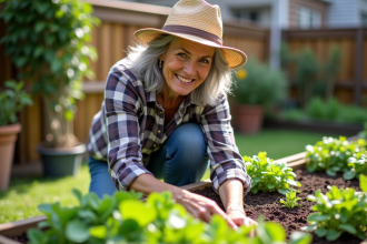Femme souriante avec chapeau dans son jardin