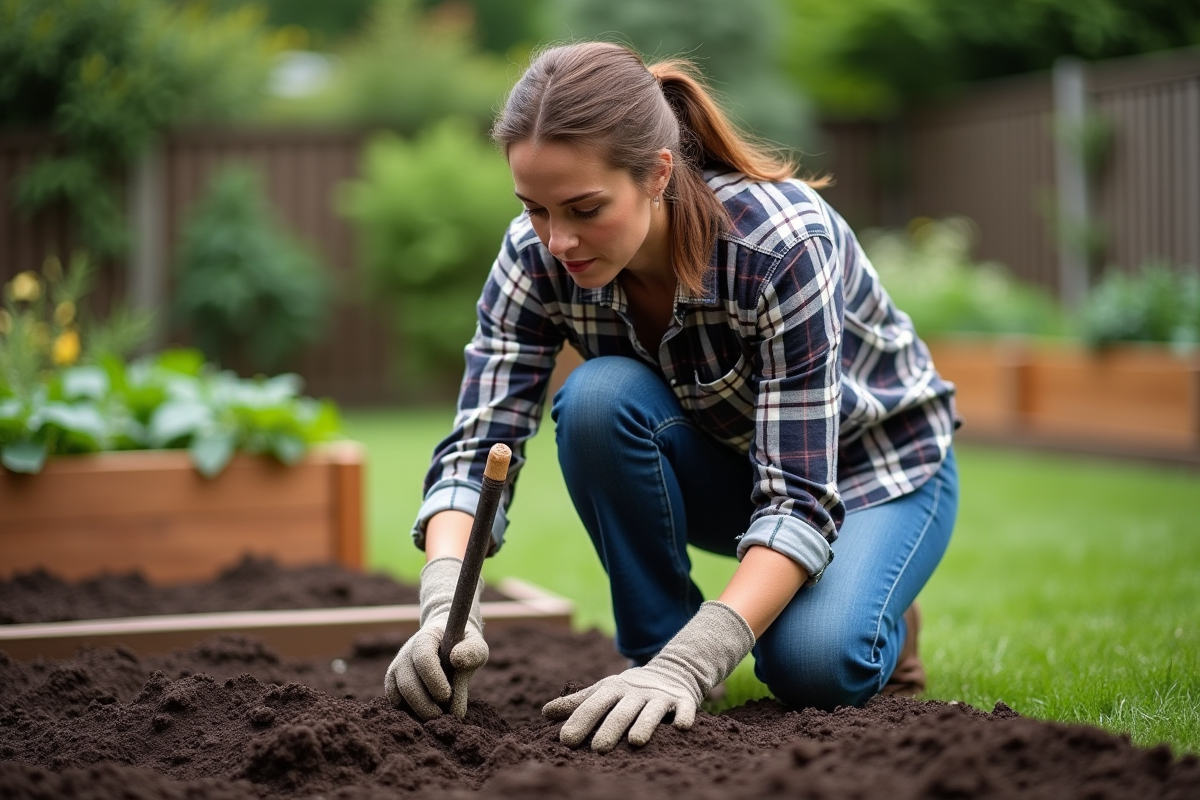 Femme en jardinage tournant la terre dans un jardin