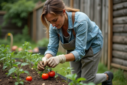 Femme en jardinage cultivant des tomates jeunes