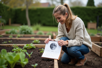 Femme jardinant sous la lune avec calendrier