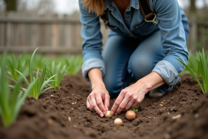 Femme plantant des bulbes d ail dans un jardin au printemps