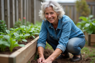 Femme jardiniere semant des haricots verts dans le jardin