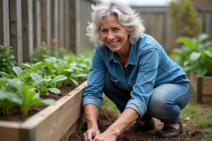 Femme jardiniere semant des haricots verts dans le jardin