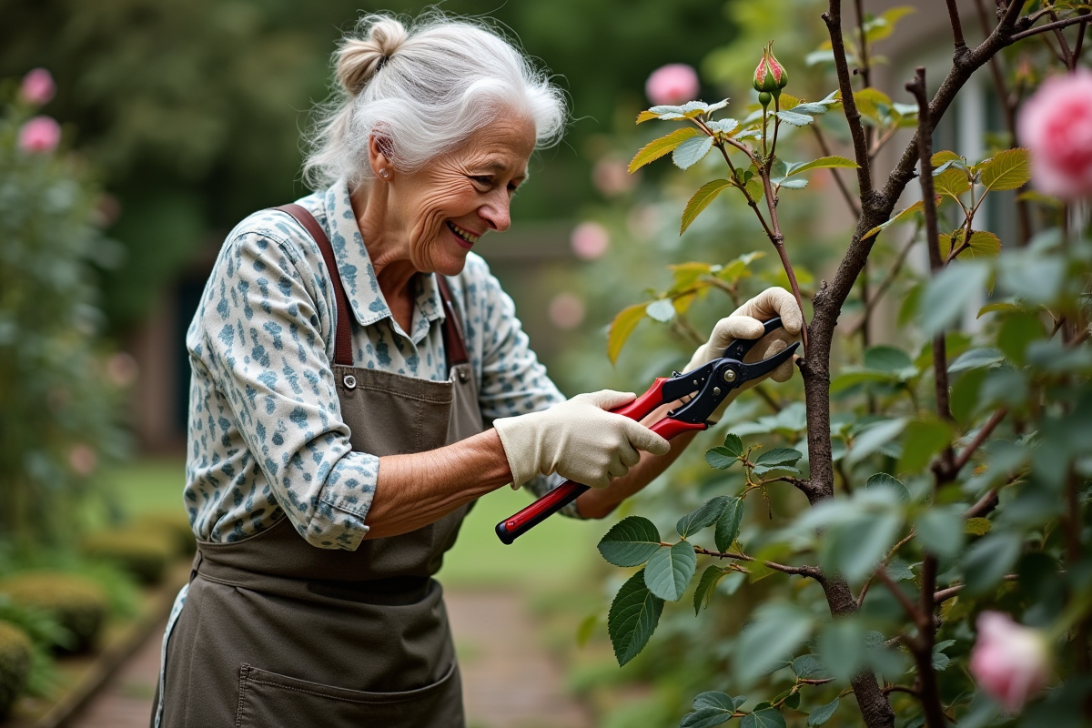 Femme âgée taillant un vieux rosier dans un jardin français