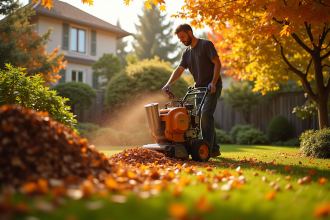 Jardinier utilisant un broyeur à feuilles puissant en automne