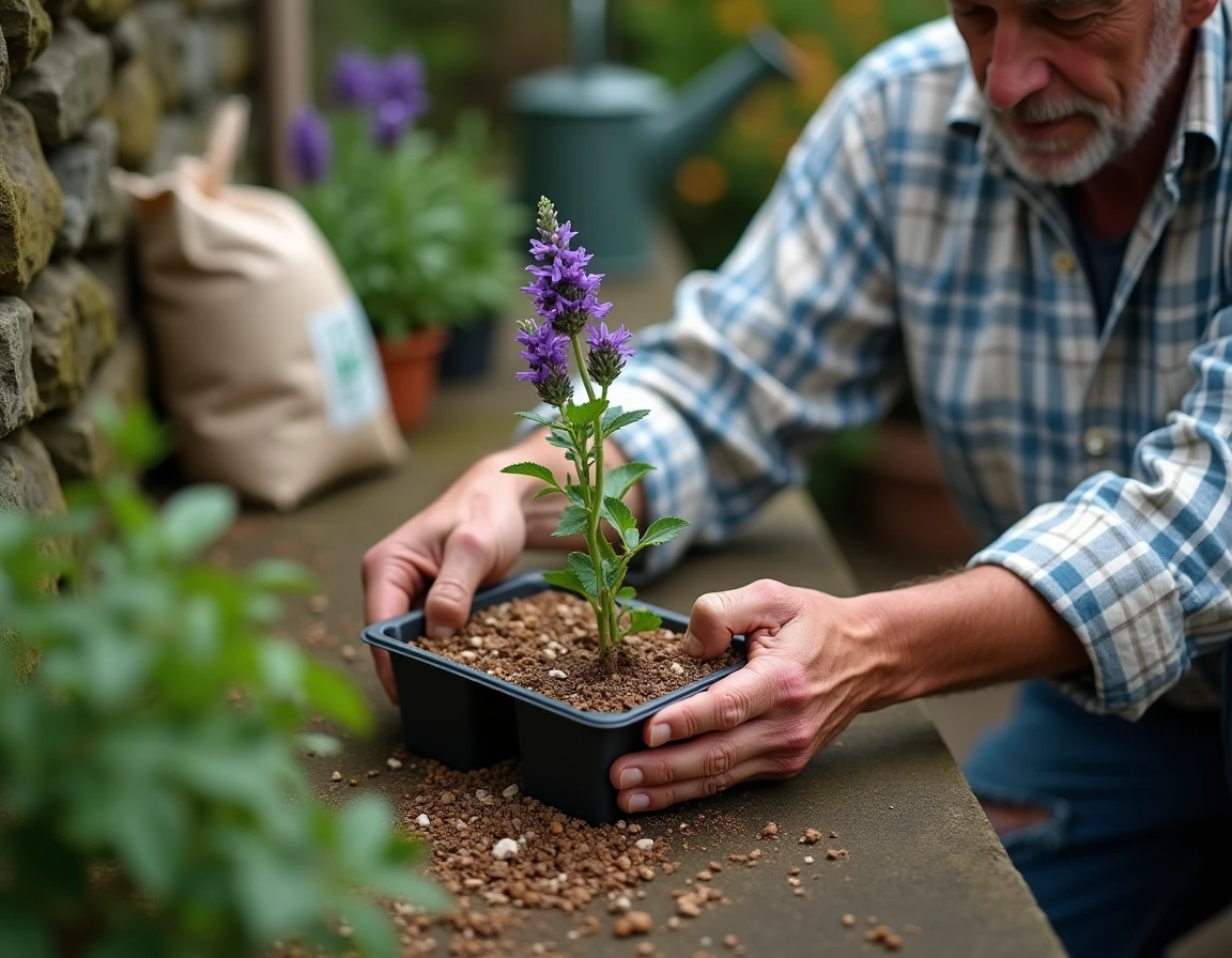 Mains d'un jardinier insérant une bouture de lavande dans un plateau de multiplication