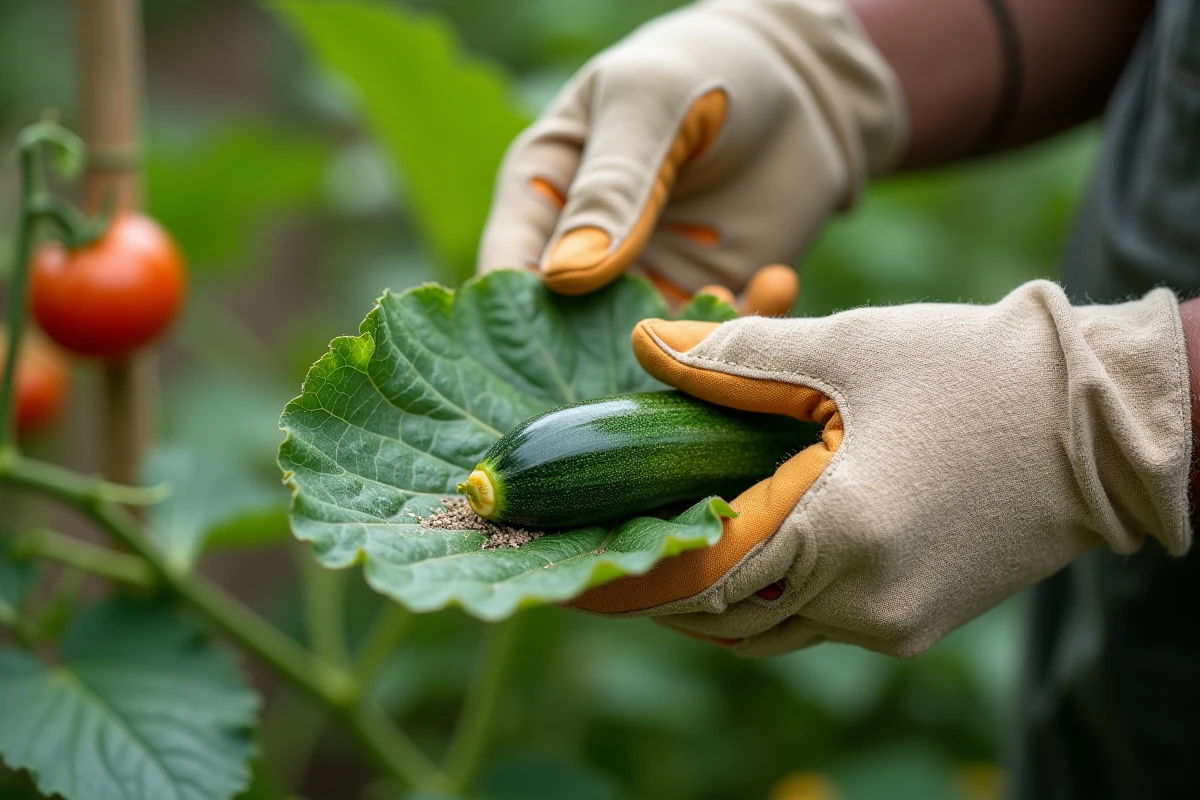 Jardinier inspectant le dessous d'une feuille de courgette endommagée par des ravageurs dans un potager