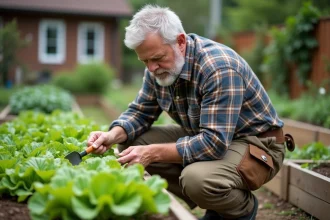 Homme jardinier examinant des feuilles de salade dans son jardin