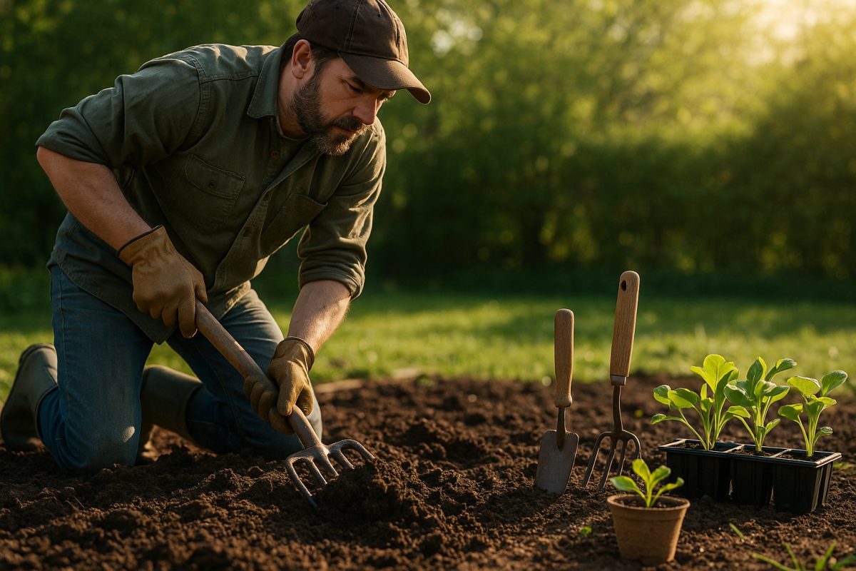 Jardinier retournant la terre dans un jardin potager au printemps