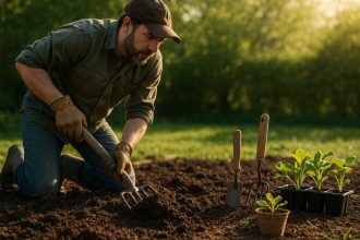Jardinier retournant la terre dans un jardin potager au printemps