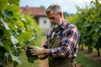 Homme jardinier inspectant un feuillage de figuier dans un verger