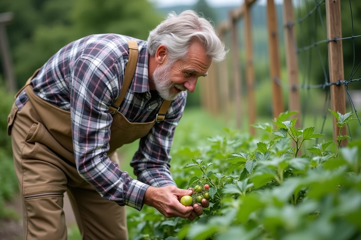 Jardinier inspectant des tomates pour des chenilles vertes