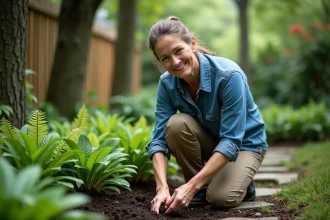 Femme jardiniere plantant des hostas dans un jardin ombrage