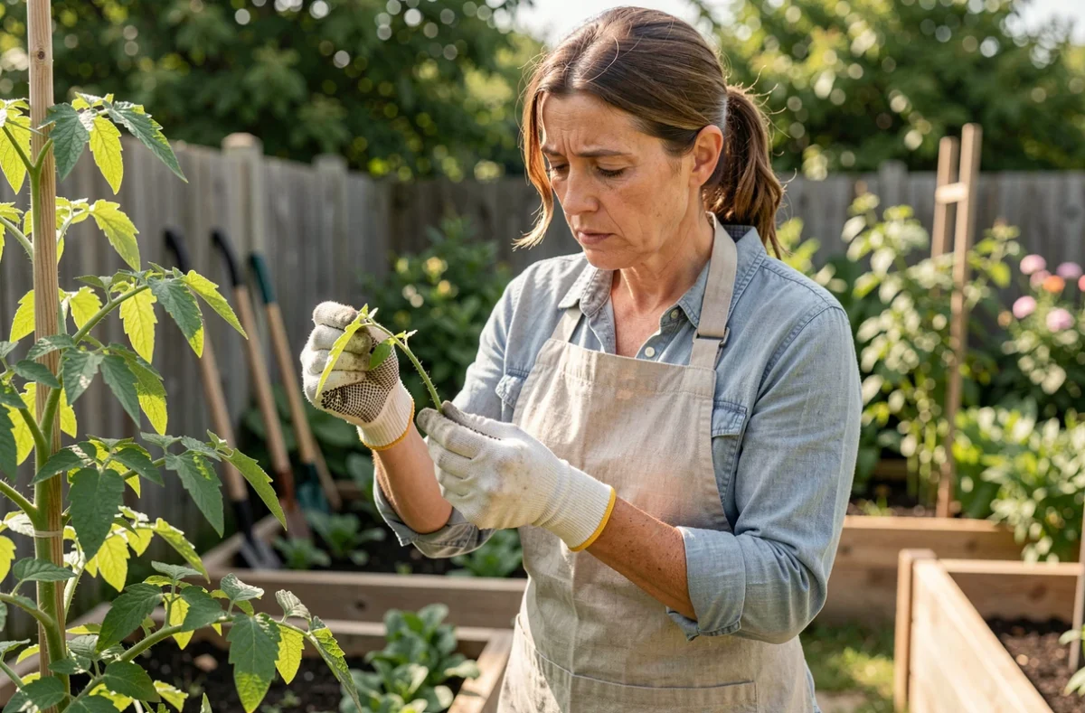 Femme jardinière inspectant les feuilles d'une plante pour détecter des petites bêtes rouges au printemps