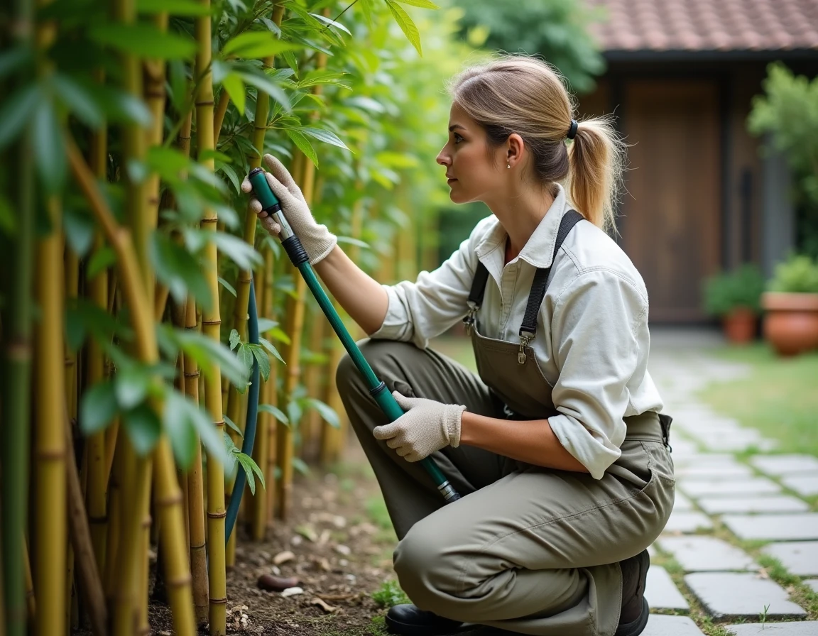 Jardinière inspectant une haie de bambous non traçants pour prévenir le dessèchement des feuilles