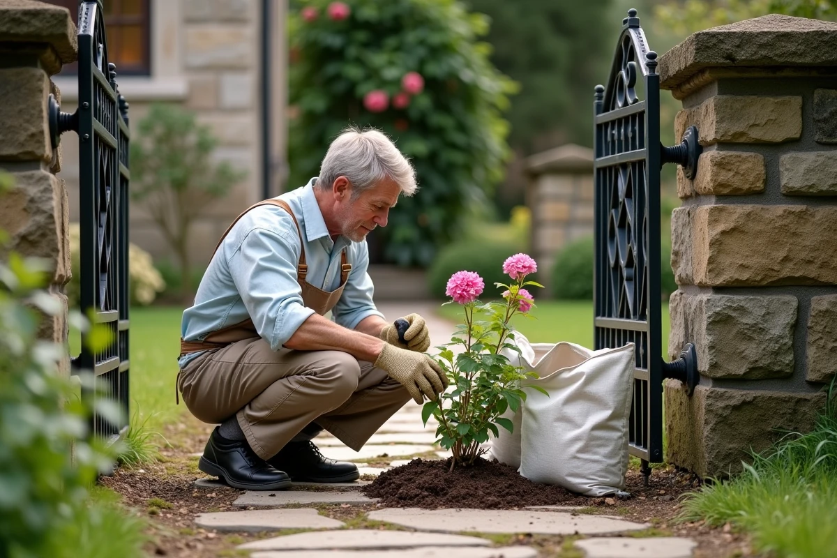 Jardinière en tablier de lin plantant un arbuste fleuri rose parfumé devant un portail de maison au printemps