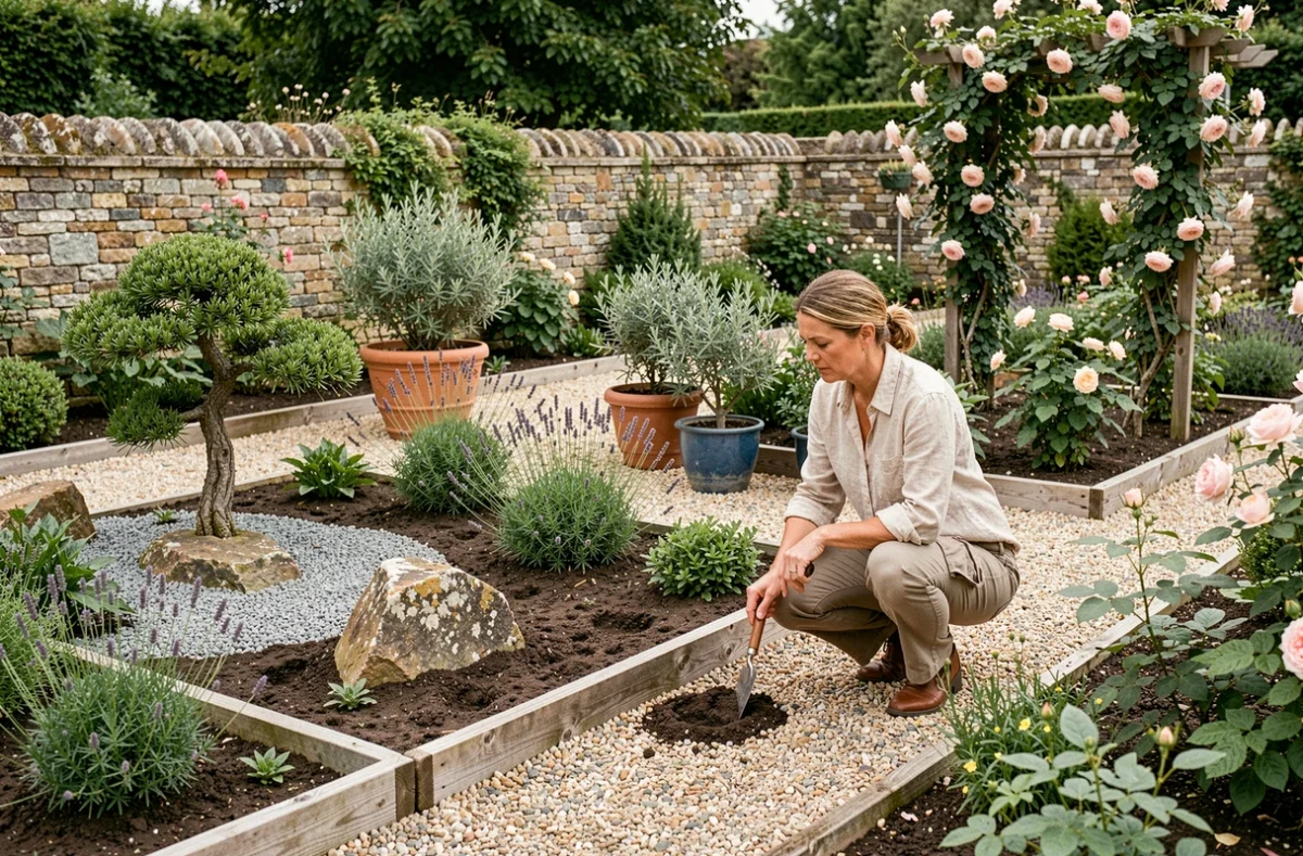 Jardin à thèmes avec zones distinctes incluant inspiration japonaise et méditerranéenne, conçu par Jardins à Thèmes
