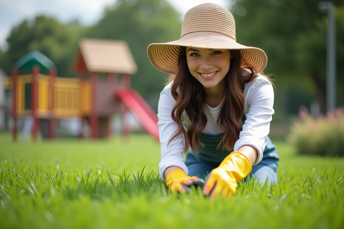 Jeune femme inspectant une pelouse saine dans un parc avec un chapeau de paille