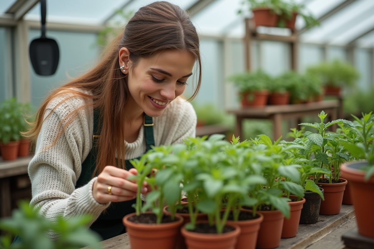 Jeune femme inspectant des plantules de tomates vertes dans un serre