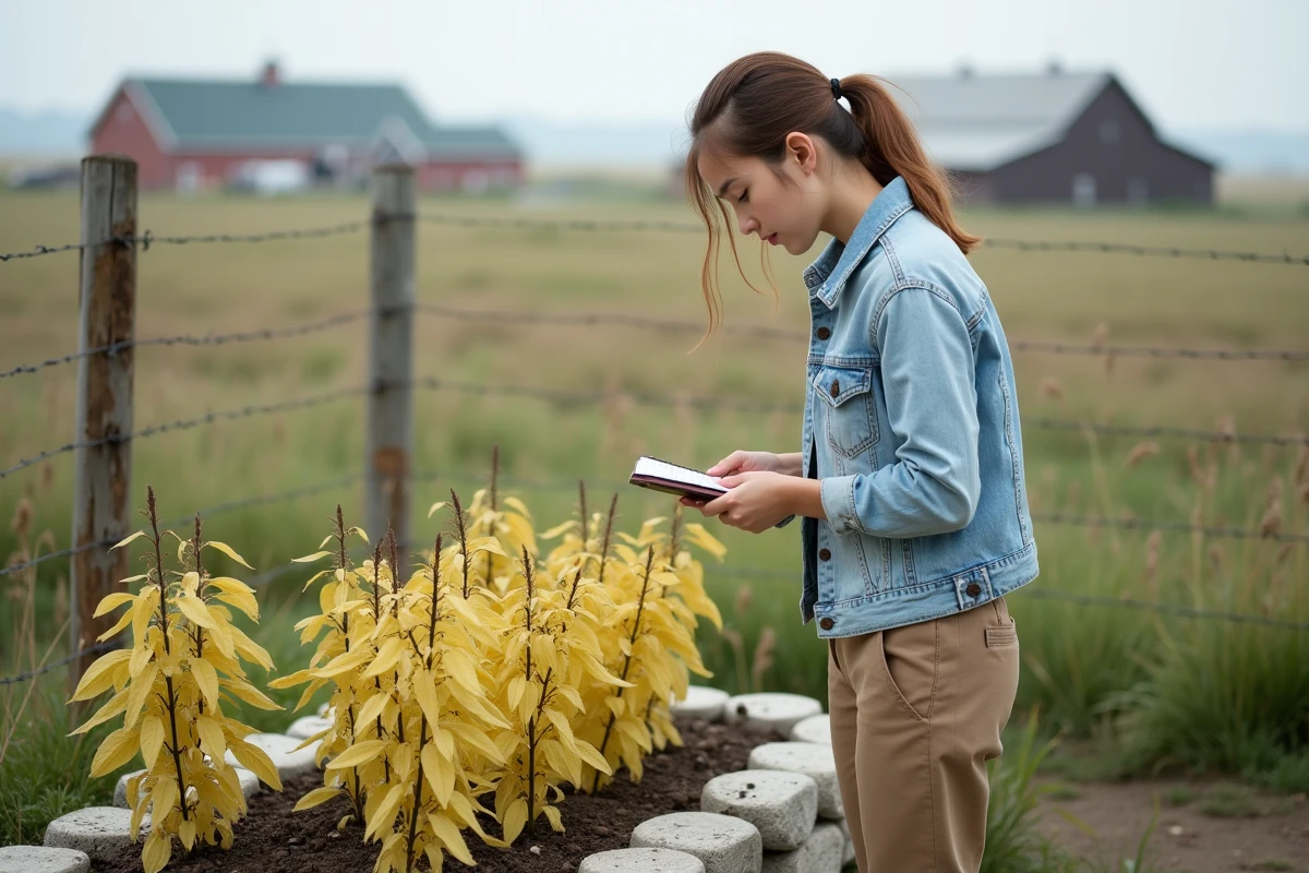 Jeune femme observant des plants de haricots dans un jardin rural