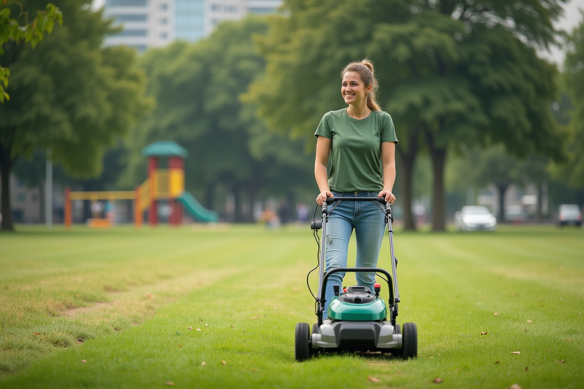Jeune femme utilisant une tondeuse électrique sur une pelouse urbaine