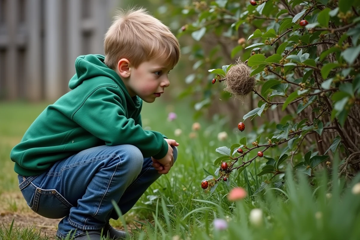 Jeune garçon observant des coccinelles sur un buisson de laurier
