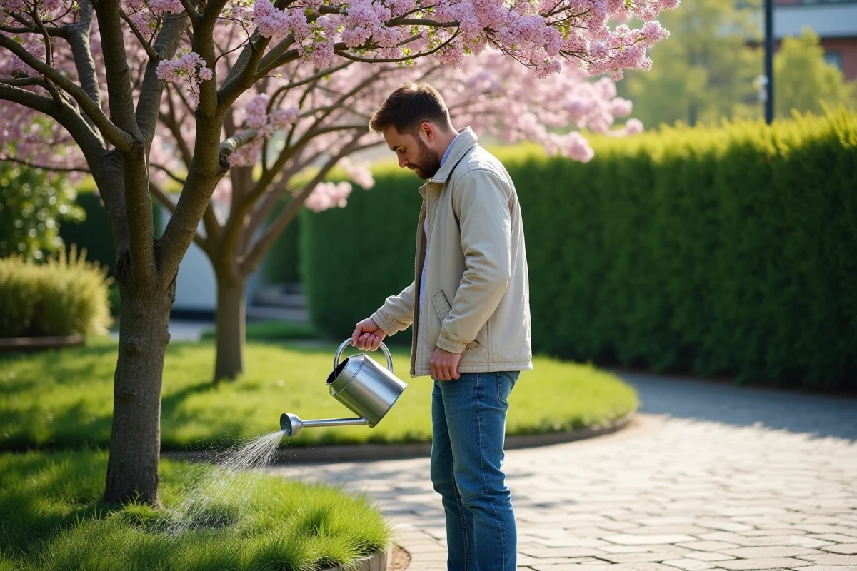 Jeune homme arrosant un lilas japonais en fleurs dans le jardin