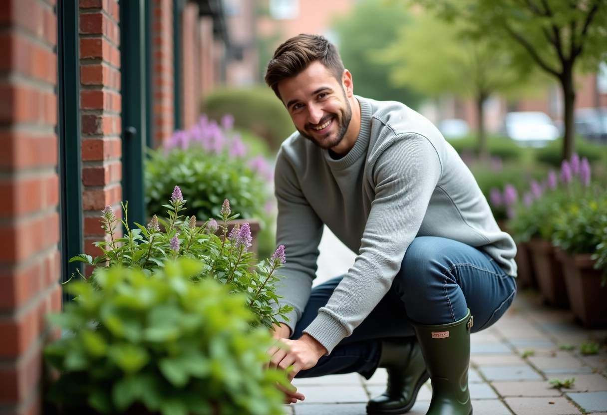 Jeune homme vérifiant la santé des astilbes en pot