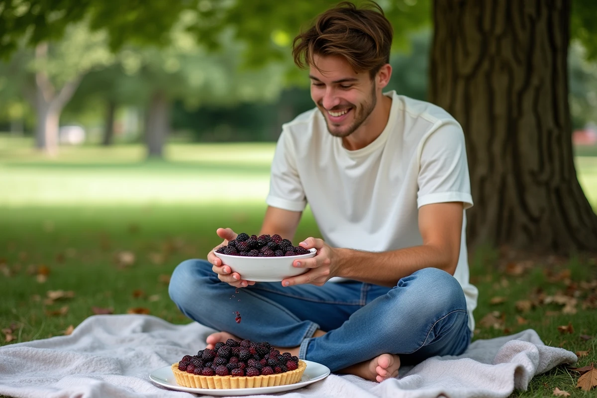 Jeune homme cueillant des mûres sous un arbre en plein air