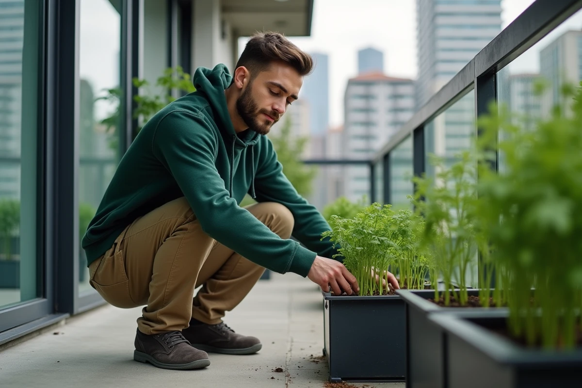 Jeune homme cultivant des herbes aromatiques en ville