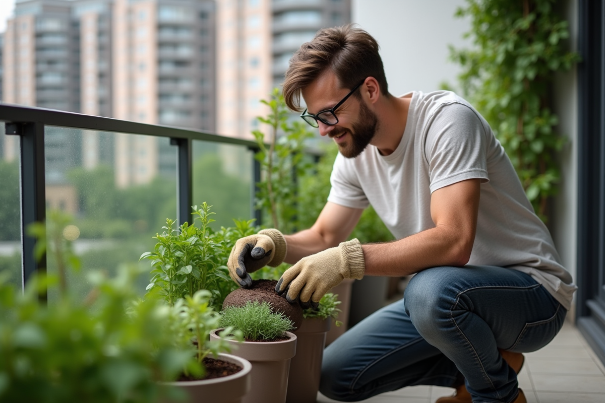 Jeune homme repotant des herbes en balcon urbain