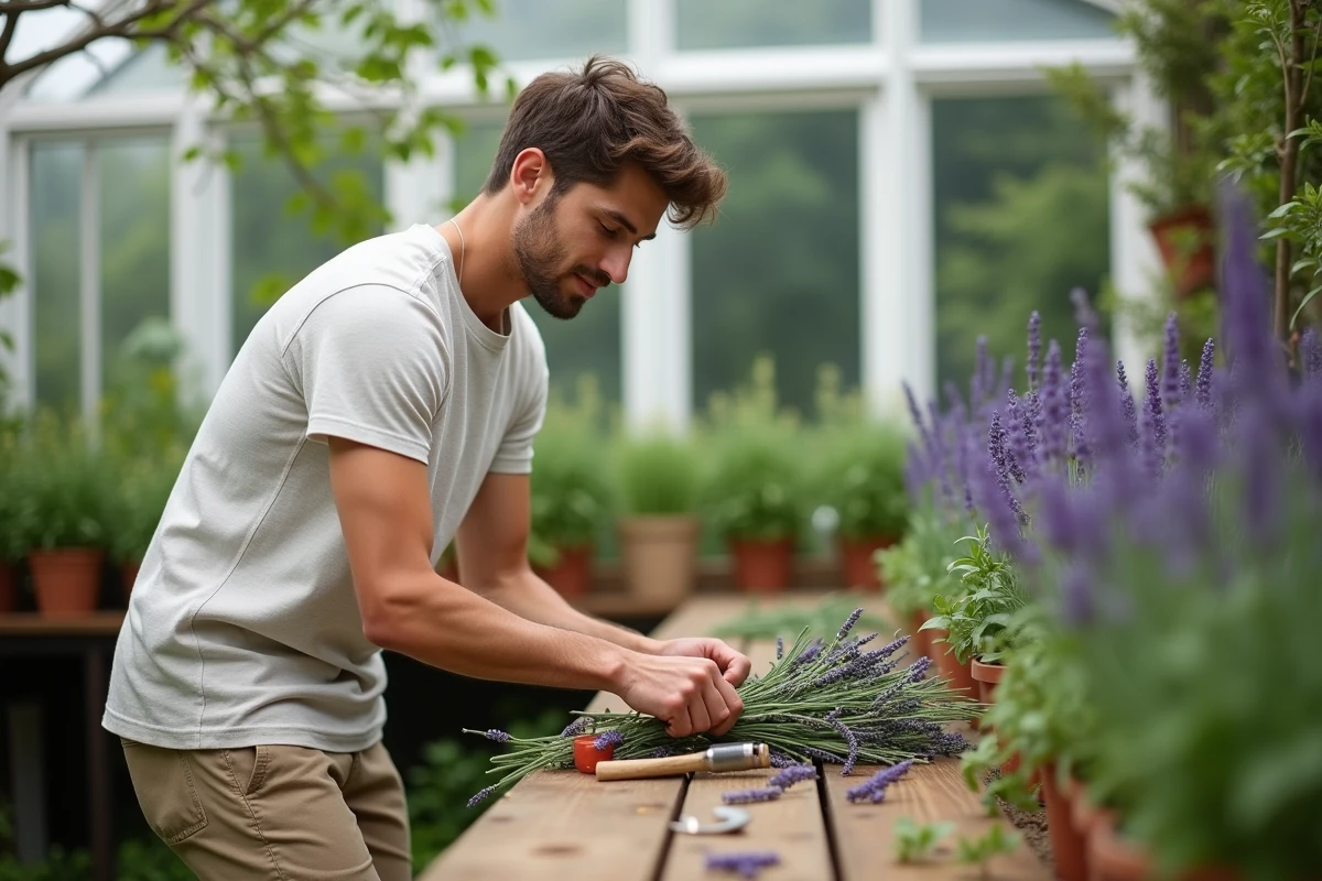Jeune homme arrangeant des tiges de lavande sur un établi de jardinage