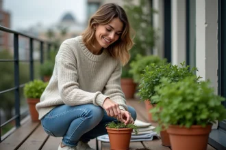 Femme plantant des graines de persil sur un balcon urbain