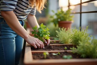 Jeune femme plantant des herbes sur un balcon urbain