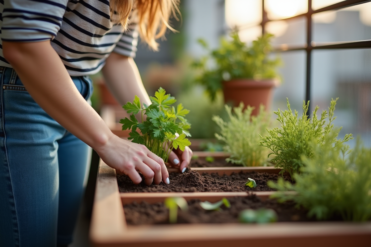 Jeune femme plantant des herbes sur un balcon urbain