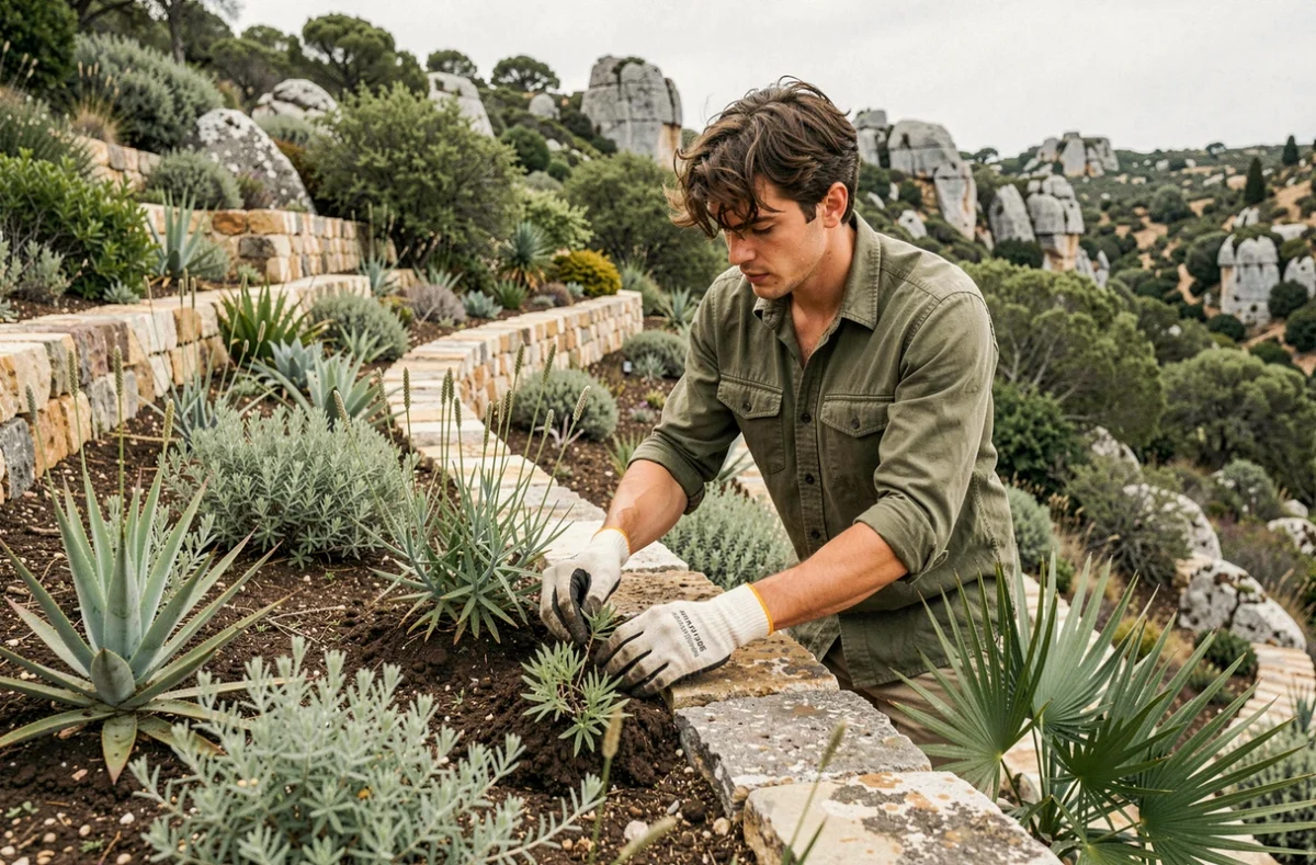 Paysagiste Julien Paysage plantant des végétaux résistants à la sécheresse sur des terrasses de garrigue dans le Gard