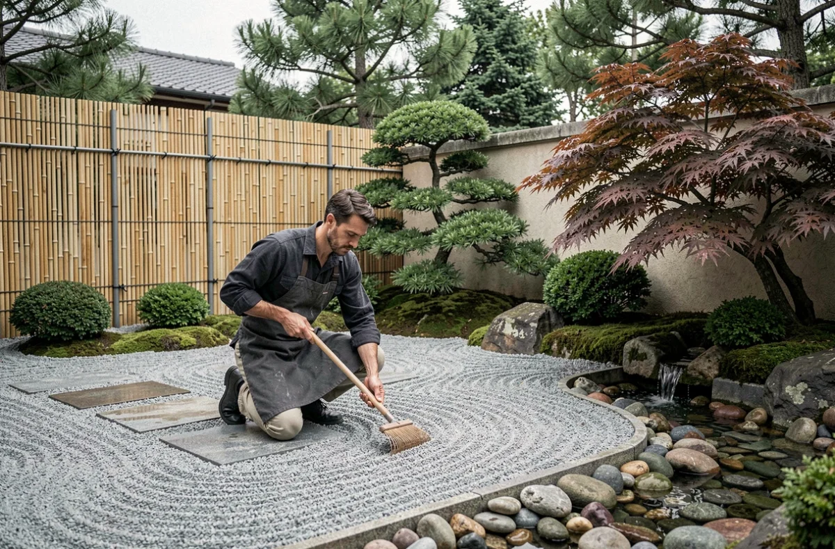 Jardin d'inspiration japonaise avec gravier ratissé et érables ornementaux réalisé par Kami Paysages