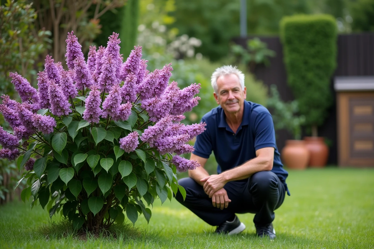 Comparaison de deux lilas dans un jardin, l'un en fleurs violettes et l'autre sans floraison