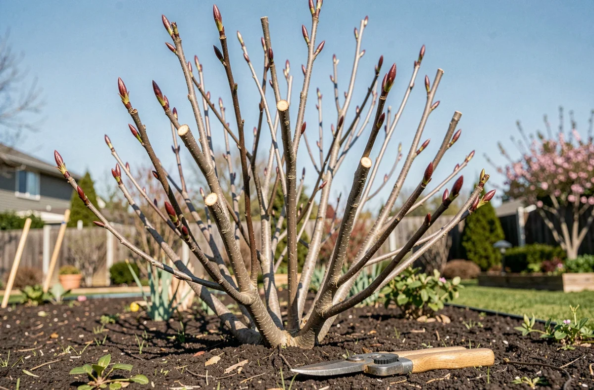 Lilas des Indes taillé au printemps avec bourgeons naissants et sécateur posé au sol