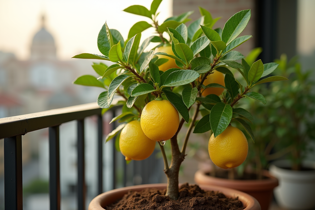 Limonier en pot sur un balcon ensoleille avec feuilles vertes