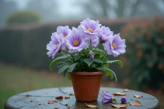 Plant de lisianthus en pot de terre cuite sur une table de jardin en pierre par temps frais d'automne avec des fleurs violet et blanc