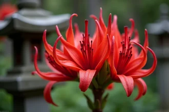 Grappe de lycoris radiata rouge en pleine floraison dans un cimetière japonais traditionnel avec lanternes en pierre