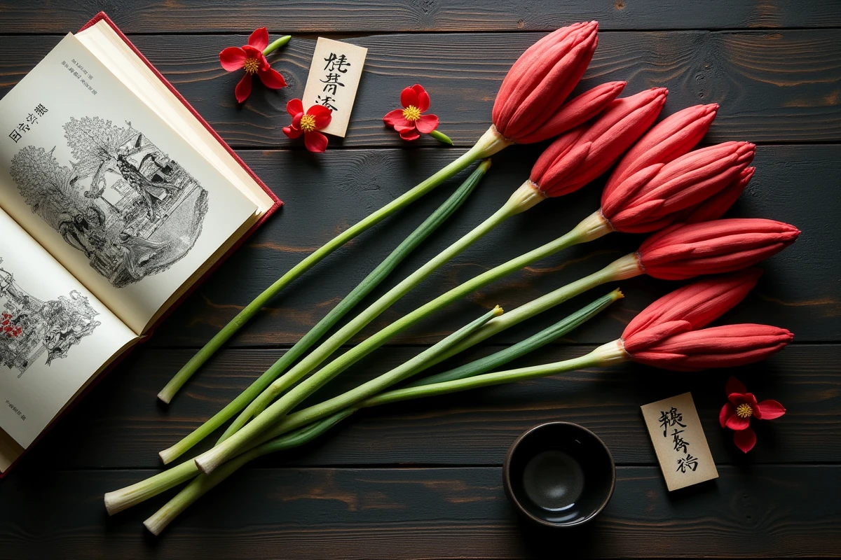 Composition à plat de fleurs de lycoris radiata avec objets culturels japonais incluant manga et calligraphie sur bois sombre