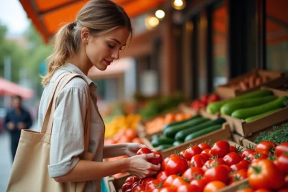 Femme choisissant des tomates fraîches sur un marché de fruits et légumes en plein air
