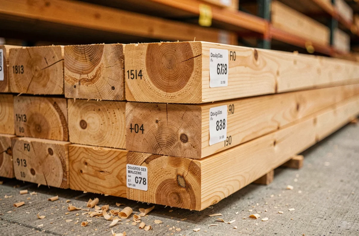 Planches de bois brut en pin et douglas empilées dans une jardinerie pour une pergola pas chère