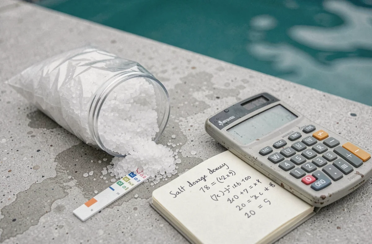 Matériel de calcul du sel pour piscine : sac de sel, bandelette de test, carnet de notes et calculatrice posés sur le bord du bassin