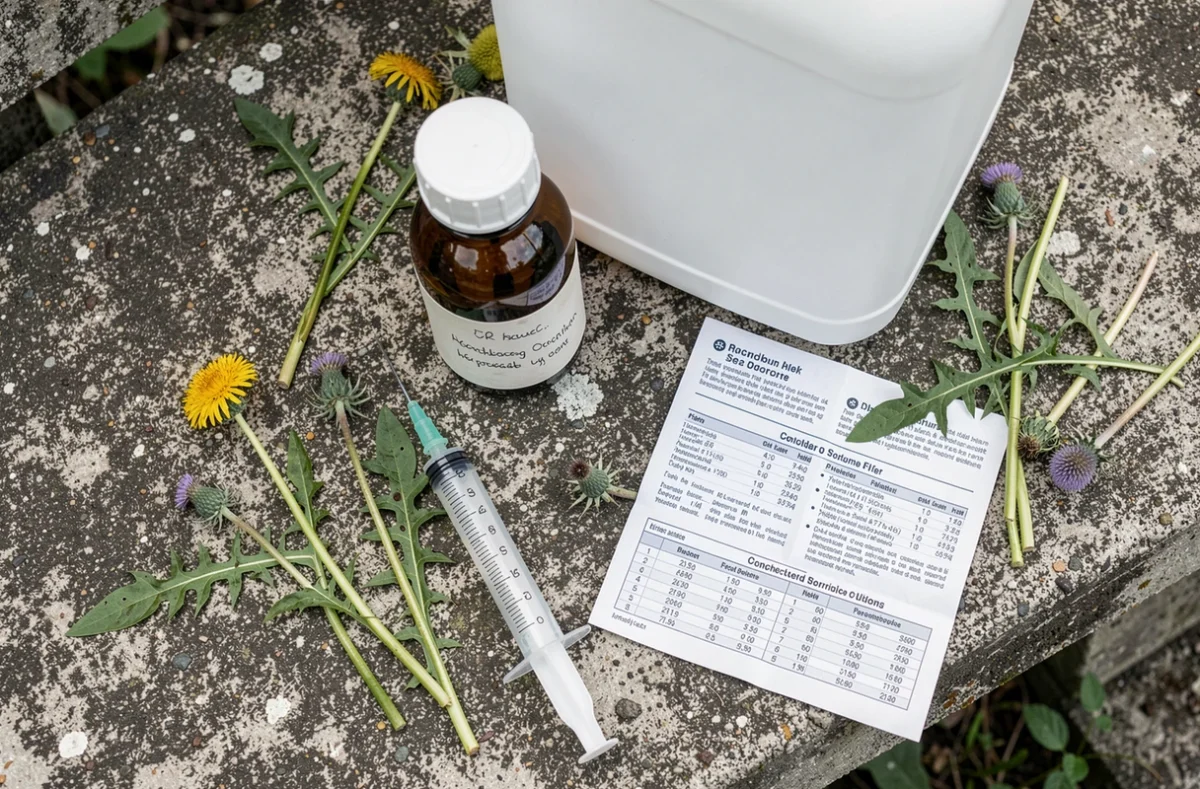 Vue de dessus du matériel de dosage Roundup : pulvérisateur 5 litres, seringue graduée, flacon concentré et notice sur un banc en béton