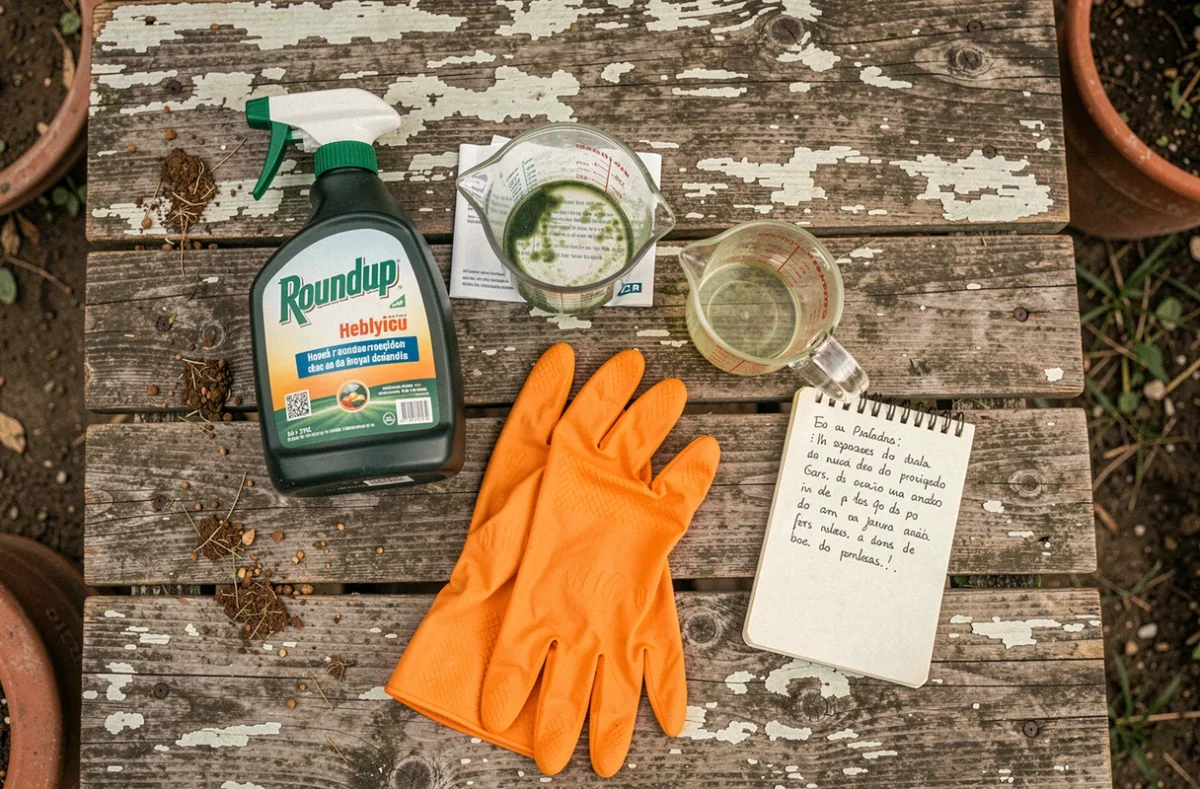 Vue aérienne du matériel de jardinage avec herbicide Roundup Ultra Plus, gants et instructions sur une table en bois