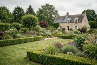 Vue panoramique d'un jardin paysagé en Loire-Atlantique avec pelouses soignées, haies taillées et plantes fleuries